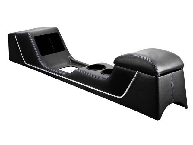 TMI Sport R Console, Gloss Black vinyl with Charcoal Black UniSuede Inserts, Blue Stitching and Chrome Trim