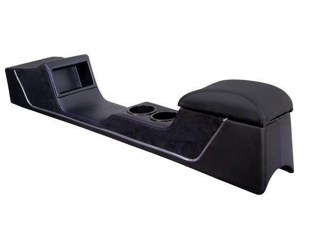 TMI Sport R Console, Matte Black vinyl with Charcoal Black UniSuede Inserts, Blue Stitching and Chrome Trim