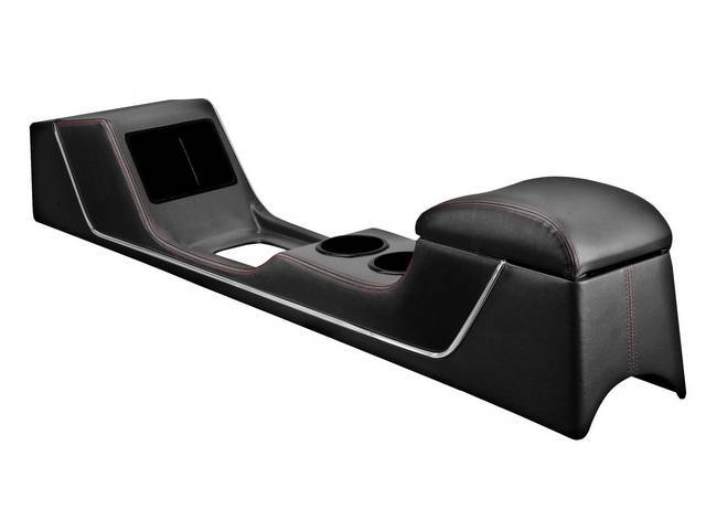 TMI Full Length Sport R Console, Black vinyl with Charcoal Black UniSuede Inserts, Red Stitching and Chrome Trim