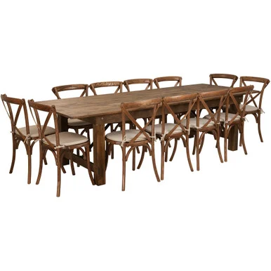 13-Piece Brown Rectangle Outdoor Furniture Patio Table with Cross Back Chairs and Cushions