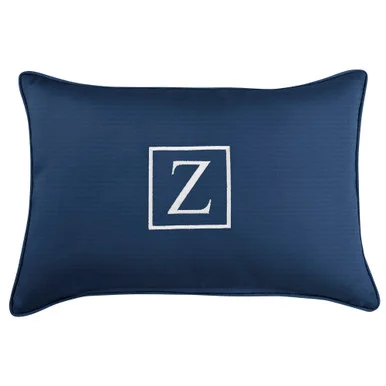 13″ x 20″ Navy Blue and White Monogram “Z” Single Embroidered Sunbrella Indoor and Outdoor Lumbar Pillow