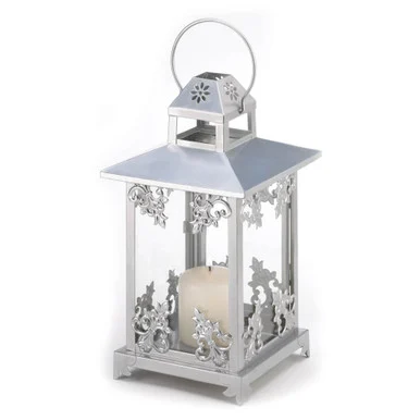 14″ Silver Traditional Scrollwork Candle Lantern with Handle – Elegant and Radiant Home Décor