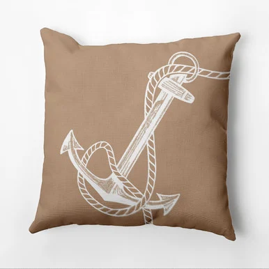 16″ x 16″ Brown and White Anchor Outdoor Throw Pillow