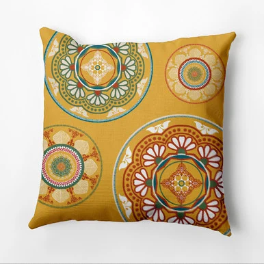 16″ x 16″ Yellow and Green Floating Medallions Outdoor Throw Pillow