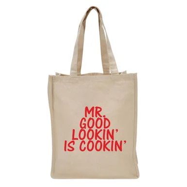 17″ Beige “Mr. Good Lookin’ Is Cookin'” Reusable Shopping and Tote Bag