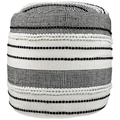 18″ White and Black Striped Outdoor Woven Pouf Ottoman