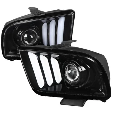 Spec-D Tuning Mustang Projector Headlights w/ LED Bars – Jet Black Housing, Clear Lens (2005-2009)