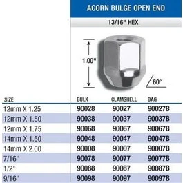 Gorilla 90047 – Acorn Bulge Open End (13/16″ HEX) Lug Nuts 14mm x 1.50 (Quantity: Pack Of 4)