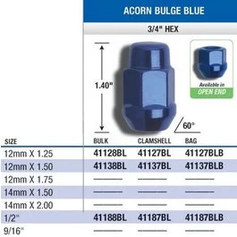 Gorilla 41137BL – Acorn Bulge Seat Blue/Red (3/4″ HEX) Lug Nuts 12mm x 1.50-Blue (Quantity: Pack Of 4)