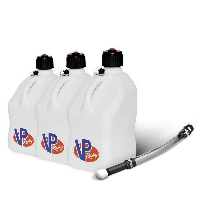 VP Racing 3 Pack White 5.5 Gallon Square Utility Jugs + Deluxe Fill Hose