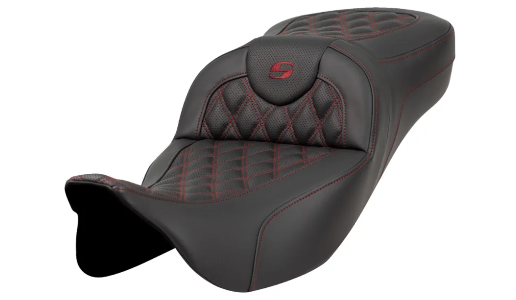 Saddlemen Extended Reach RoadSofa™ Seat Lattice Stitch Burgundy Stitch Without Backrest – 808-07B-18408 For Harley Touring 2008-2023
