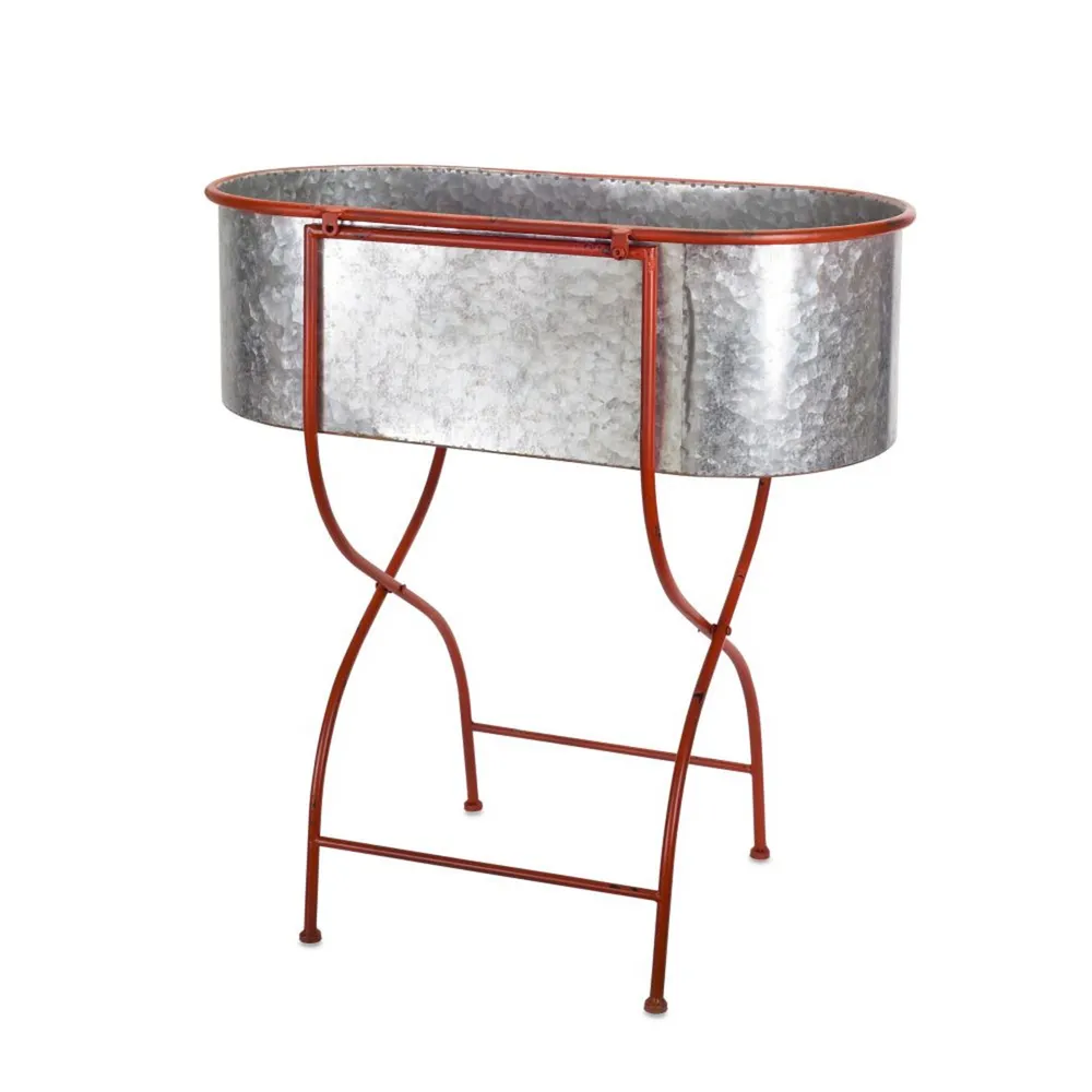 29″ Gray and Red Galvanized Oval Wash Tub Planter with Stand