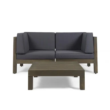 3-Piece Gray Contemporary Wood Outdoor Furniture Patio Chat Set – Dark Gray Cushions
