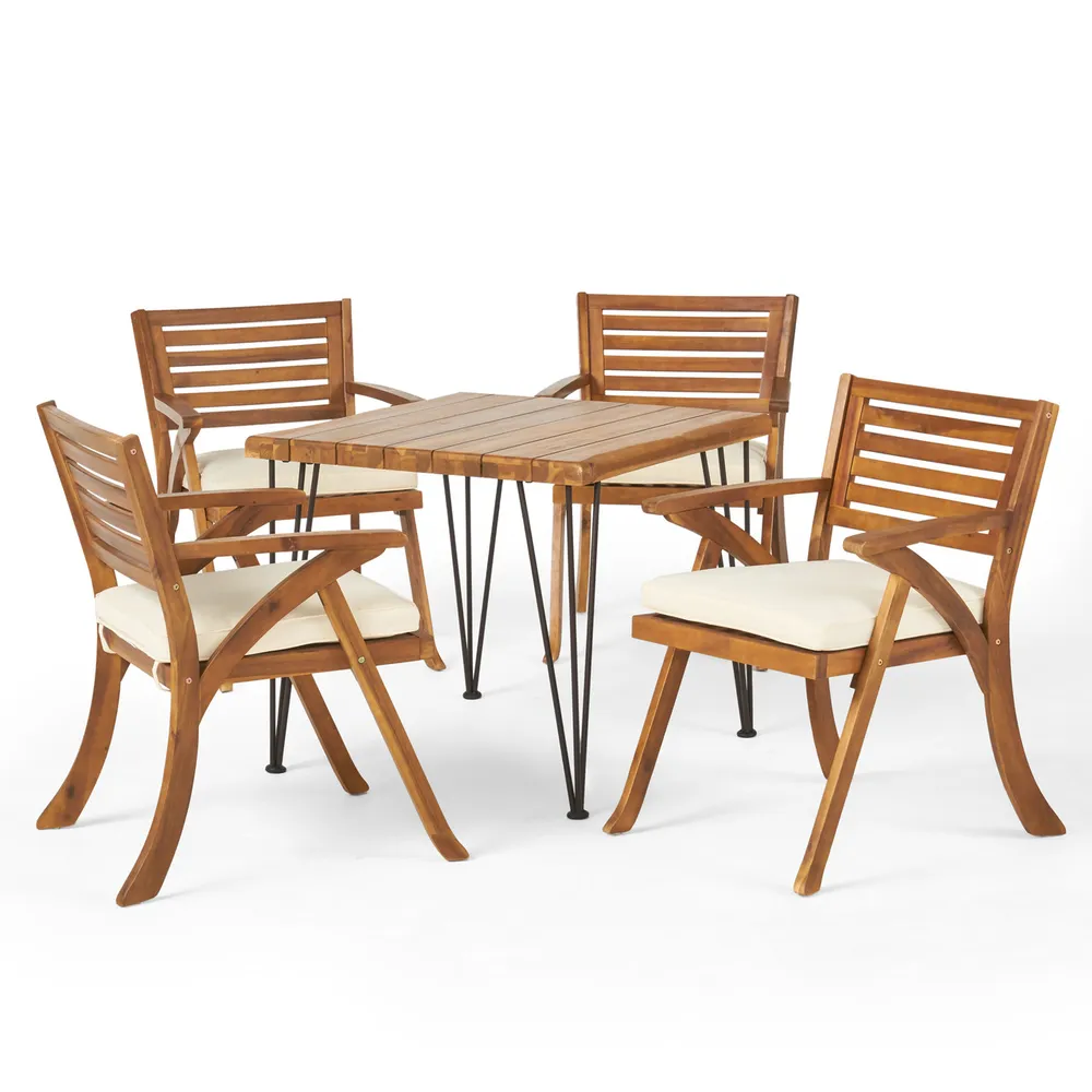 5-Piece Teak Brown Rustic Finish Outdoor Furniture Patio Dining Set – Cream White Cushions
