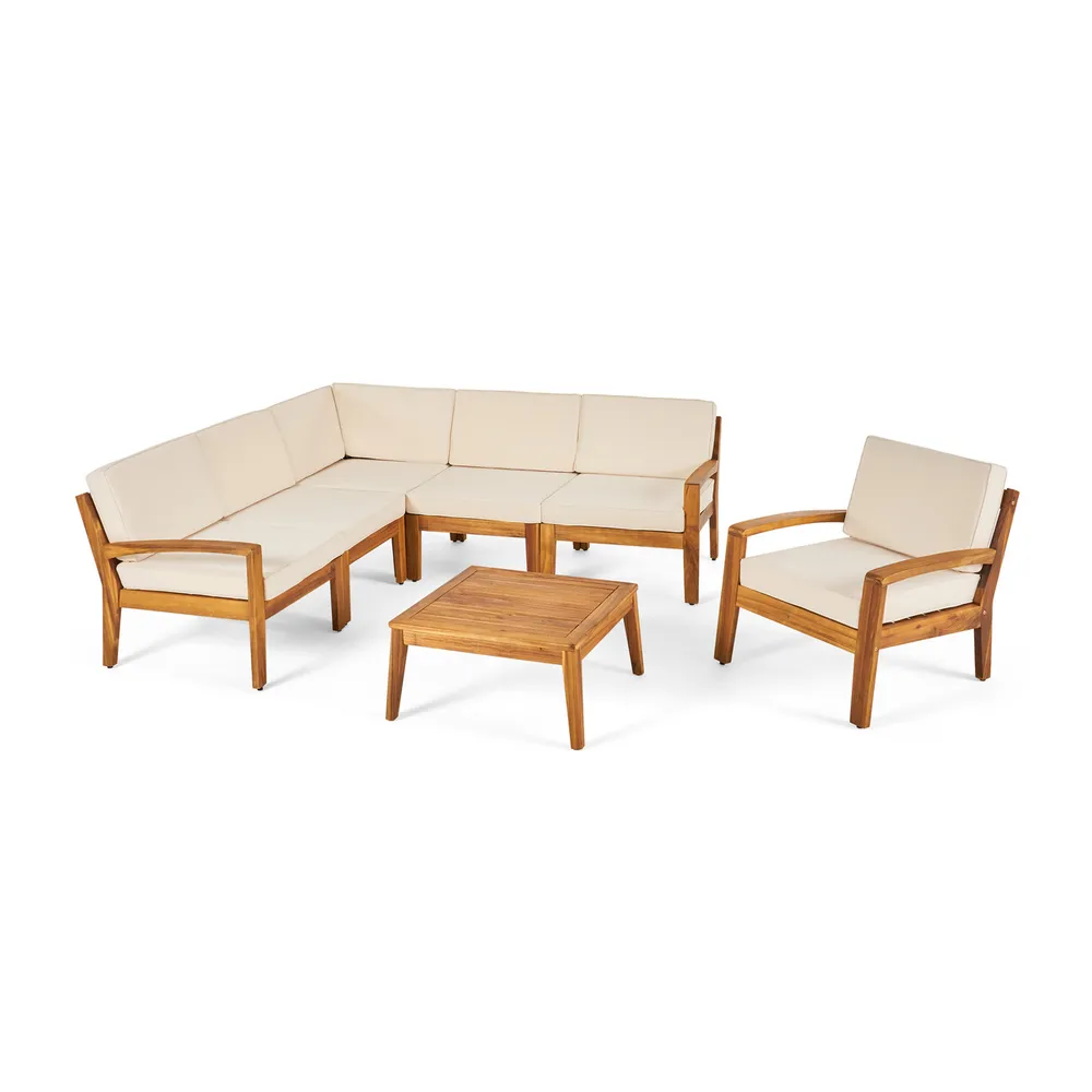 7-Piece Brown Contemporary Outdoor Furniture Patio Sectional Sofa Set – Beige Cushions