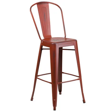 46″Kelly Red Distressed Outdoor Barstool: Stylish Metal Chair with Back and Added Support