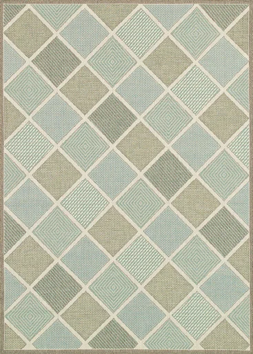 5.8′ x 9.1′ Beige and Green Geometric Rectangular Outdoor Area Throw Rug