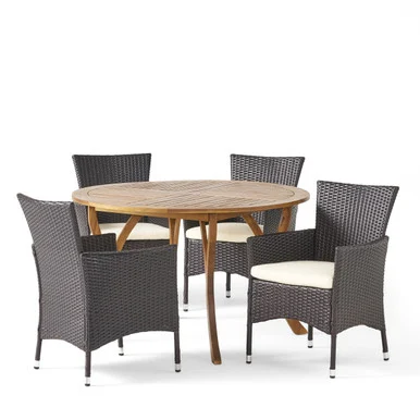 5-Piece Brown Finish Round Wicker Outdoor Furniture Patio Dining Set – Beige Cushions