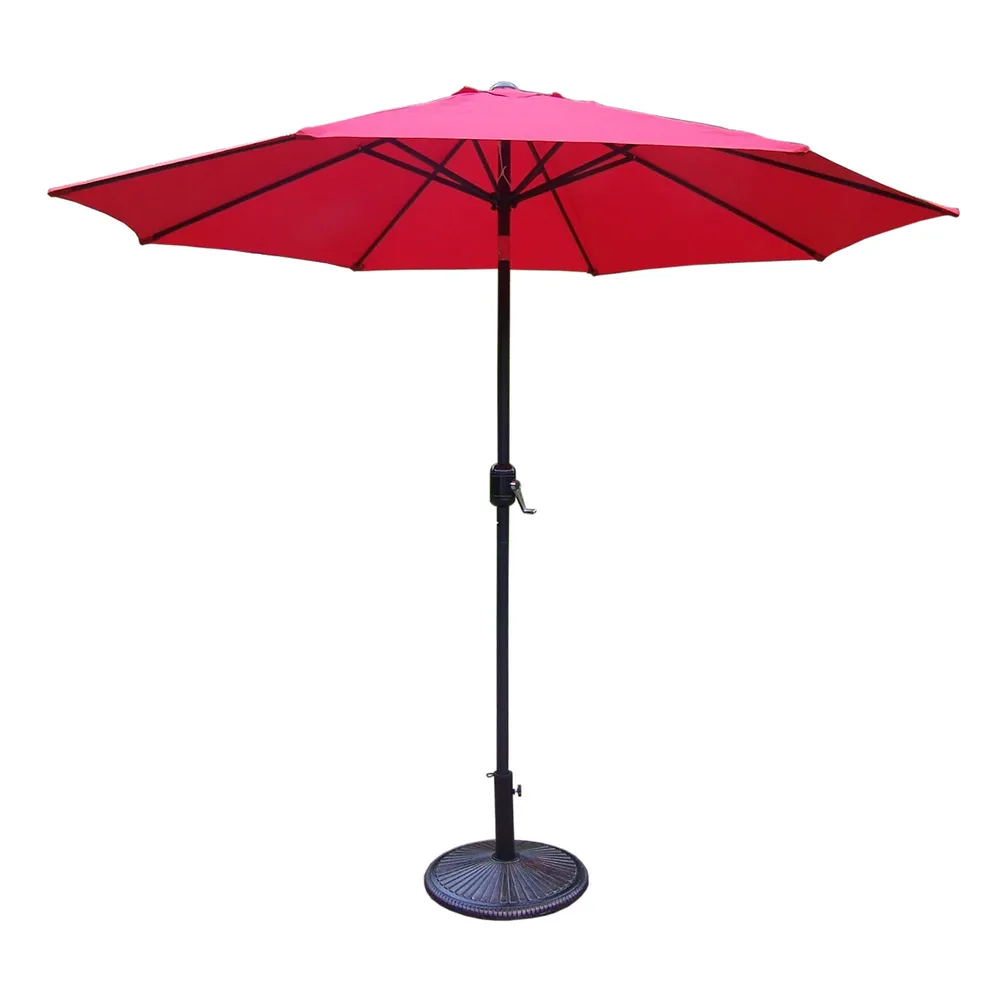 9′ Red and Black Patio Umbrella with Crank and Tilt and Cast Iron Base