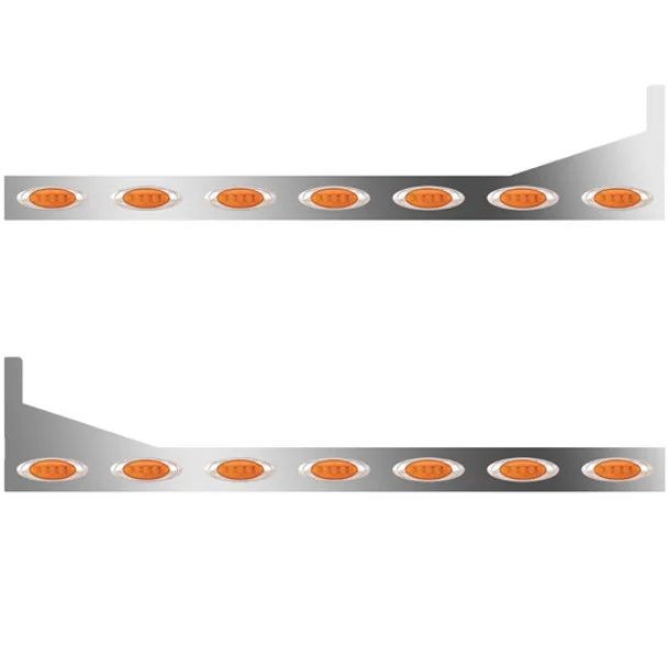 6.5 Inch Stainless Steel Sleeper Panels W/ Extensions, 14 P1 Amber LED / Amber Lens For Peterbilt 367, 386, 388, 389