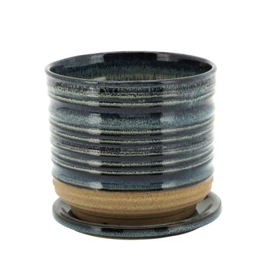 6″ Green and Black Ceramic Textured Planter with Saucer