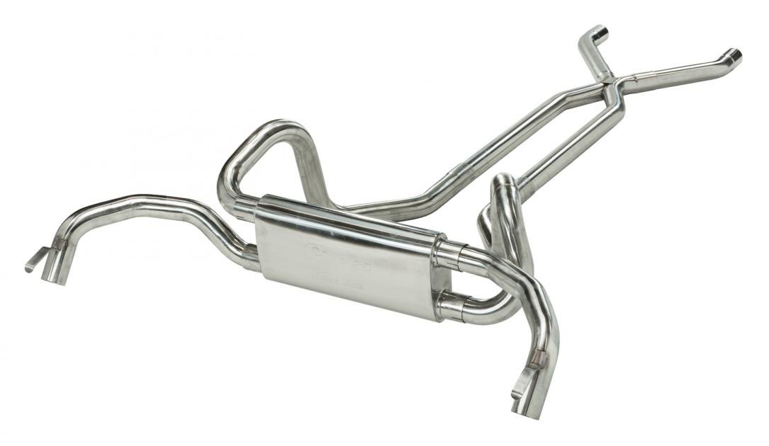Pypes Crossflow System w/X-Pipe Exhaust System 67-74 Split Rear Dual Exit 2.5 in Intermediate And Tail Pipe Race Pro Mufflers/Hardware Incl Tip Not Incl Polished 409 Stainless Steel Exhaust SGF70S