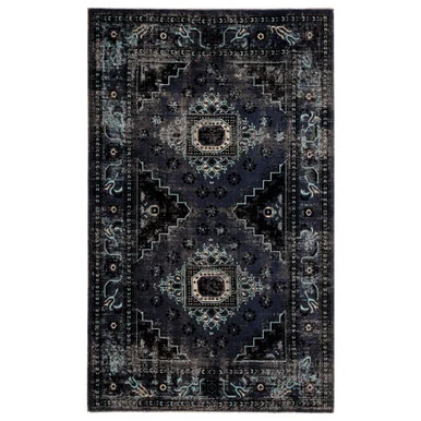 7.5′ x 9.5′ Black and Blue Contemporary Diamond Medallion Outdoor Rectangular Area Throw Rug