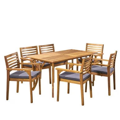 7-Piece Brown Contemporary Handcrafted Outdoor Furniture Patio Dining Set – Gray Cushions