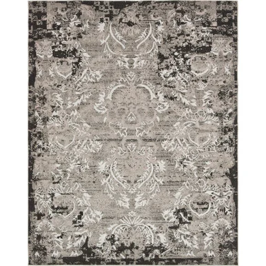 8′ x 10′ Gray and Black Transitional Damask Rectangular Outdoor Area Throw Rug