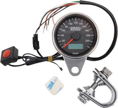 DRAG SPECIALTIES 2.4" KMH Programmable Mini Electronic Speedometer with Odometer/Tripmeter - Matte Black - Black Face 21-6895ADS