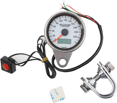 DRAG SPECIALTIES 2.4" KMH Programmable Mini Electronic Speedometer with Odometer/Tripmeter - Matte Black - White Face 21-6895AWDS