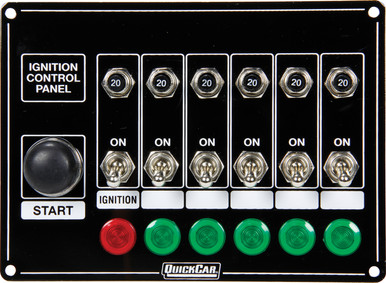 QuickCar Racing Products Ignition Panel Dash Mount 6-7/8 x 5 in 6 Toggles 1 Momentary Button Indicator Lights Black 50-869