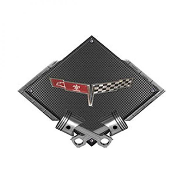 Corvette C3 1980 Emblem Metal Sign, Black Carbon Fiber, Crossed Pistons, 25" X 19"