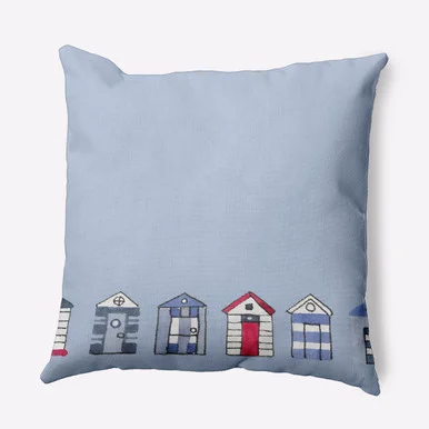 Beach Huts Outdoor Throw Pillow – 20″ – Blue and White