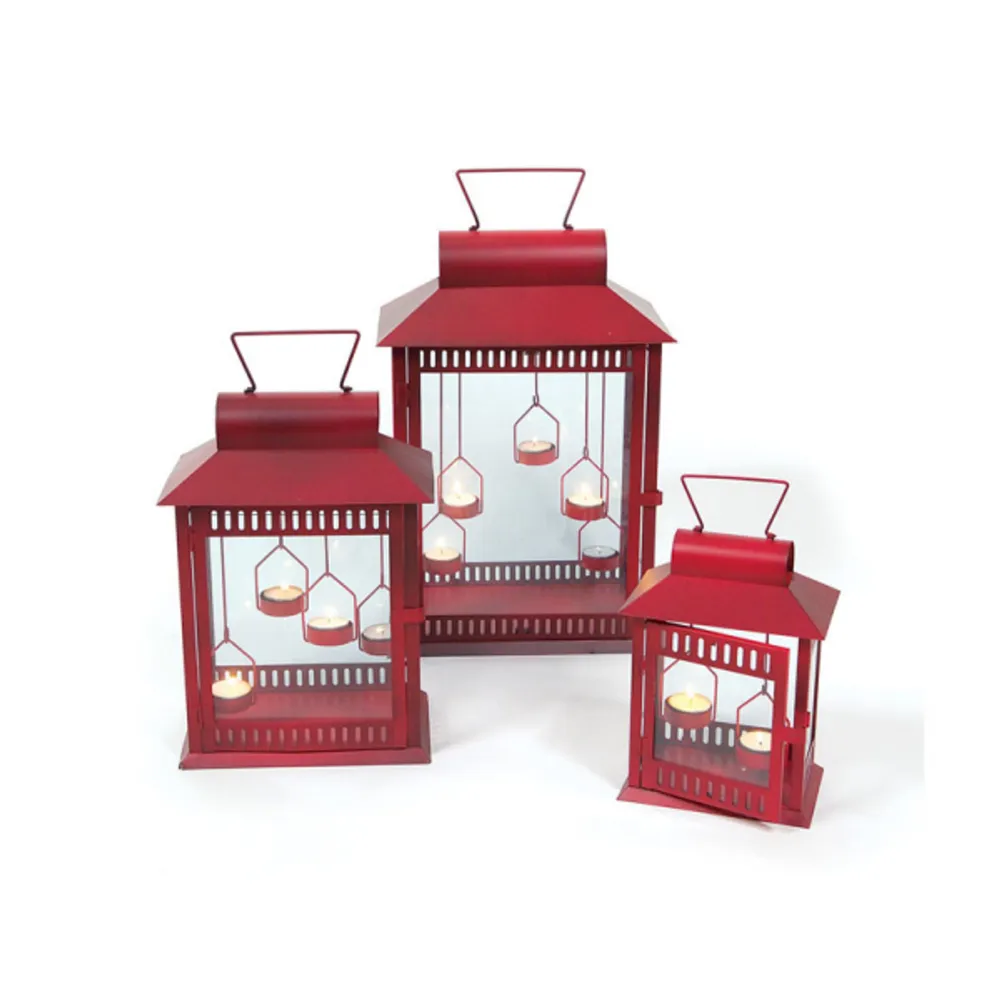 Set of 3 Red Indoor/Outdoor Tealight Candle Lanterns 17.75″
