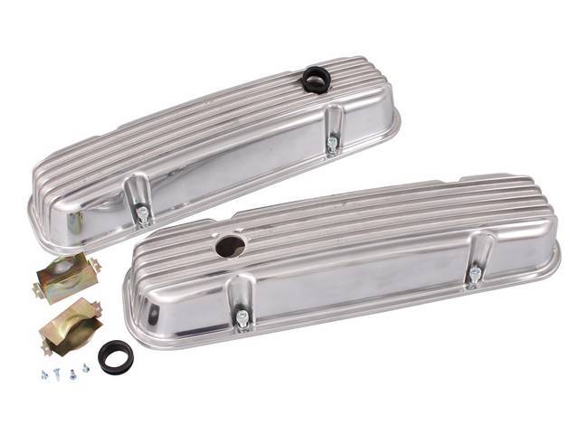 Valve Cover Set, Finned polished aluminium, w/ Oil Baffles, grommets and mounting hardware, reproduction