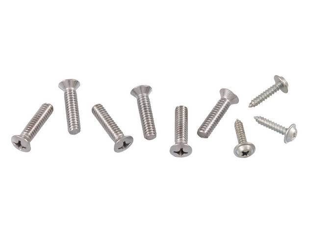 FASTENER KIT, Sunvisor and Mirror Brackets, (9) incl six stainless steel phillips head screws w/ #12 heads and three stainless phillips head screws, does two brackets and center mirror bracket (see p/n C-10219-4AK for visor adjustment / clamp screws), OE-