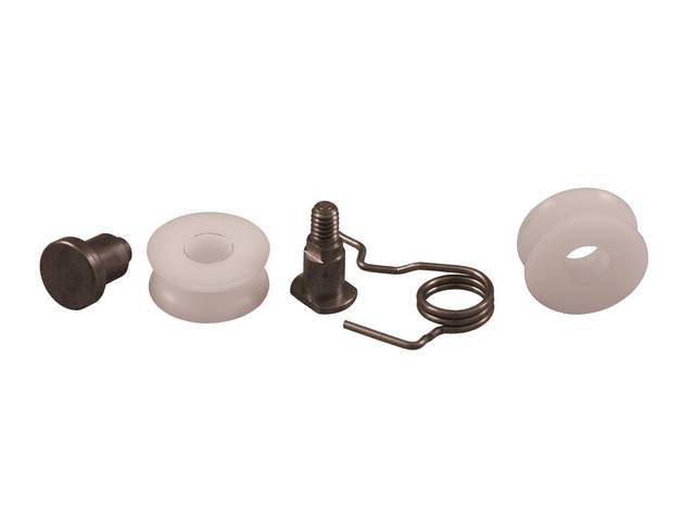 Quarter Window Roller Kit, 5-pc, Incl threaded stud, peenitover stud, rollers and spring, reproduction
