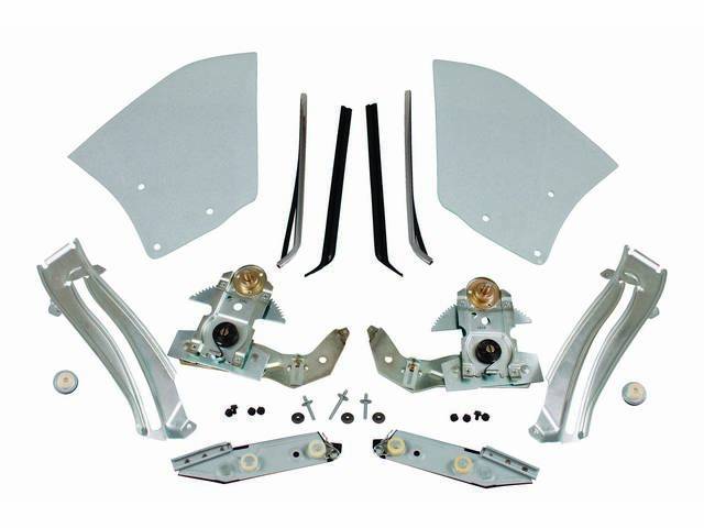 GLASS AND REGULATOR KIT, Quarter Window, Clear glass w/o markings, LH and RH, Incl glass, vertical tracks, vertical tracks fastener kit, window roller assy, chrome channel set, vertical weatherstrip set, manual regulators, regulator roller assy and regula
