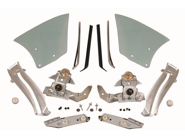 GLASS AND REGULATOR KIT, Quarter Window, Green tinted glass w/o markings, LH and RH, Incl glass, vertical tracks, vertical tracks fastener kit, window roller assy, chrome channel set, vertical weatherstrip set, manual regulators, regulator roller assy and
