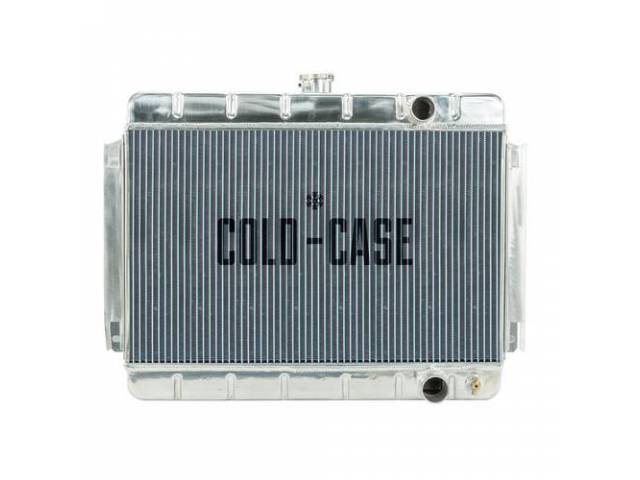 RADIATOR, Down Flow, Aluminum, 2 row, Cold Case, aluminum version of OE style radiator (can be painted black for OE look), 24.72 inch width x 15.12 inch height x 3 inch thick core size, 27.75 inch overall width (to the brackets) x 20.125 inch overall heig