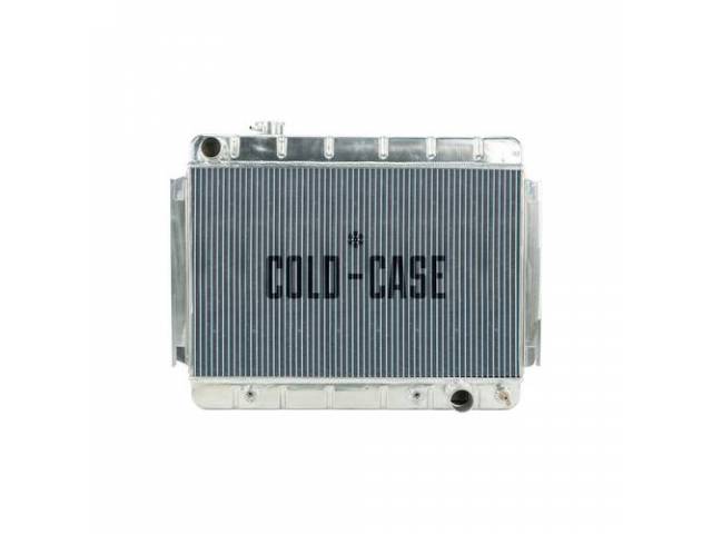 RADIATOR, Down Flow, Aluminum, 2 row, Cold Case, aluminum version of OE style radiator (can be painted black for OE look), 24.72 inch width x 15.39 inch height x 2.75 inch thick core size, 27.75 inch overall width (to the brackets) x 20.5 inch overall hei