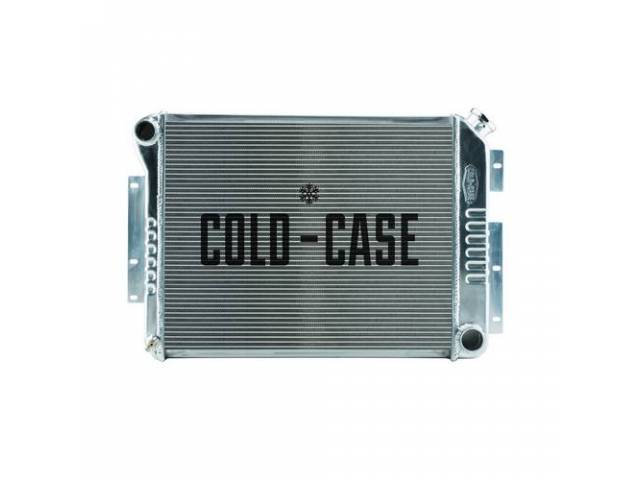 RADIATOR, Cross Flow, Aluminum, 2 row, Cold Case, aluminum version of OE style radiator (can be painted black for OE look), 21.25 inch width x 16.85 inch height x 2.2 inch thick core size, 28.8 inch overall width (to the brackets) x 18.5 inch overall heig