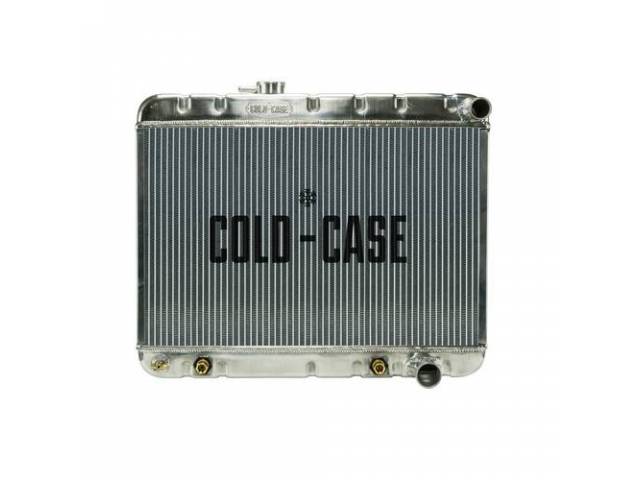 RADIATOR, Down Flow, Aluminum, 2 row, Cold Case, aluminum version of OE style radiator (can be painted black for OE look), 25 inch width x 17.5 inch height core, 21.875 inch overall height, RH inlet / outlet, LH offset fill cap, dual 1 inch diameter tubes