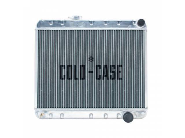 RADIATOR, Down Flow, Aluminum, 2 row, Cold Case, aluminum version of OE style radiator (can be painted black for OE look), 25 inch width x 17.5 inch height core, 21.875 inch overall height, 1 1/2 inch RH inlet, 1 13/16 inch RH outlet, LH offset fill cap,