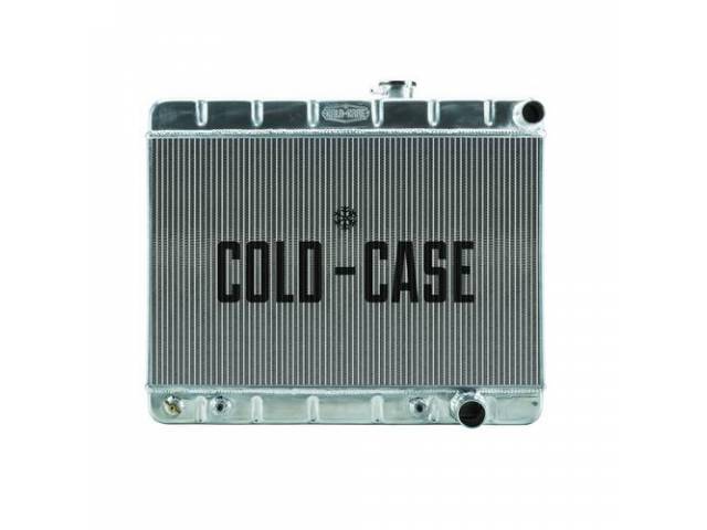 RADIATOR, Down Flow, Aluminum, 2 row, Cold Case, aluminum version of OE style radiator (can be painted black for OE look), 25 inch width x 15.5 inch height x 2.2 inch thick core size, 25 inch overall width, 20.5 inch overall height, RH inlet / outlet, RH