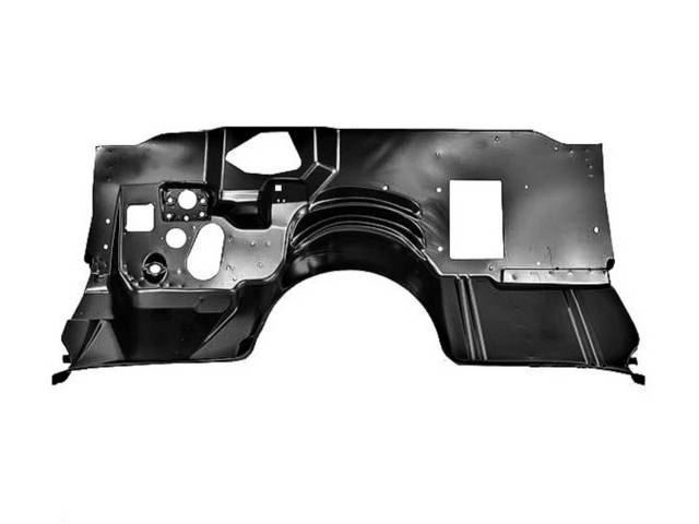 PANEL, Firewall, Front Lower, incl toe boards and factory cutouts for fuse box, master cylinder / booster, clutch pedal rod, steering column, parking brake cable, wiper / washer motor, accelerator pedal and wiring holes, incl frame cushion brackets, 54 in