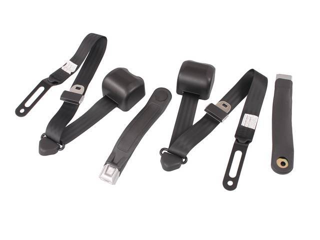 Seat Belt Set, Lap and Shoulder LH and RH, Black, Incl Silver Buckle w/ Starburst button in black sleeve and Retractor, reproduction
