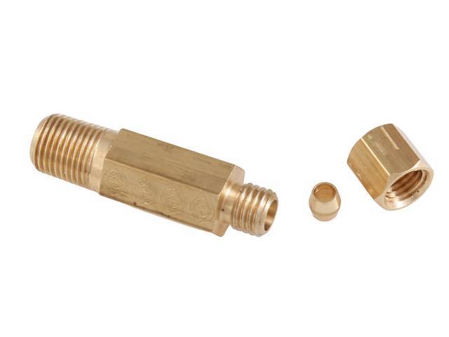 Oil Pressure Gauge Hose To Engine Fitting Adaptor, 3/4 inch Tall, Brass, W/ Correct Logo Stampings, repro