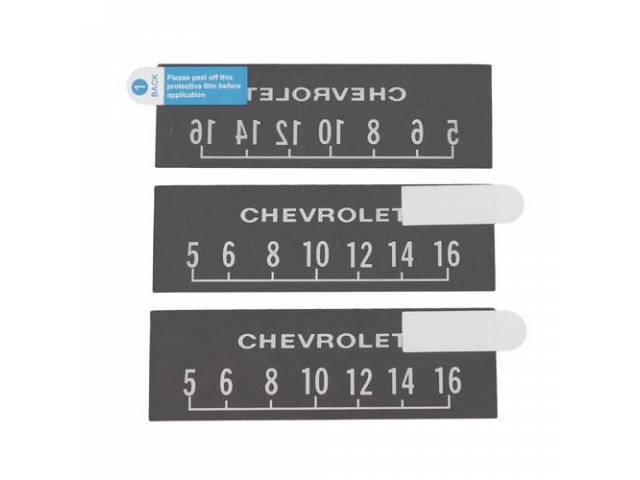 SCREEN PROTECTORS, (3), White, *CHEVROLET* w/ block lettering, Incl radio dial art work, Protects your Retrosound Radio face plate, Applies w/o adhesive